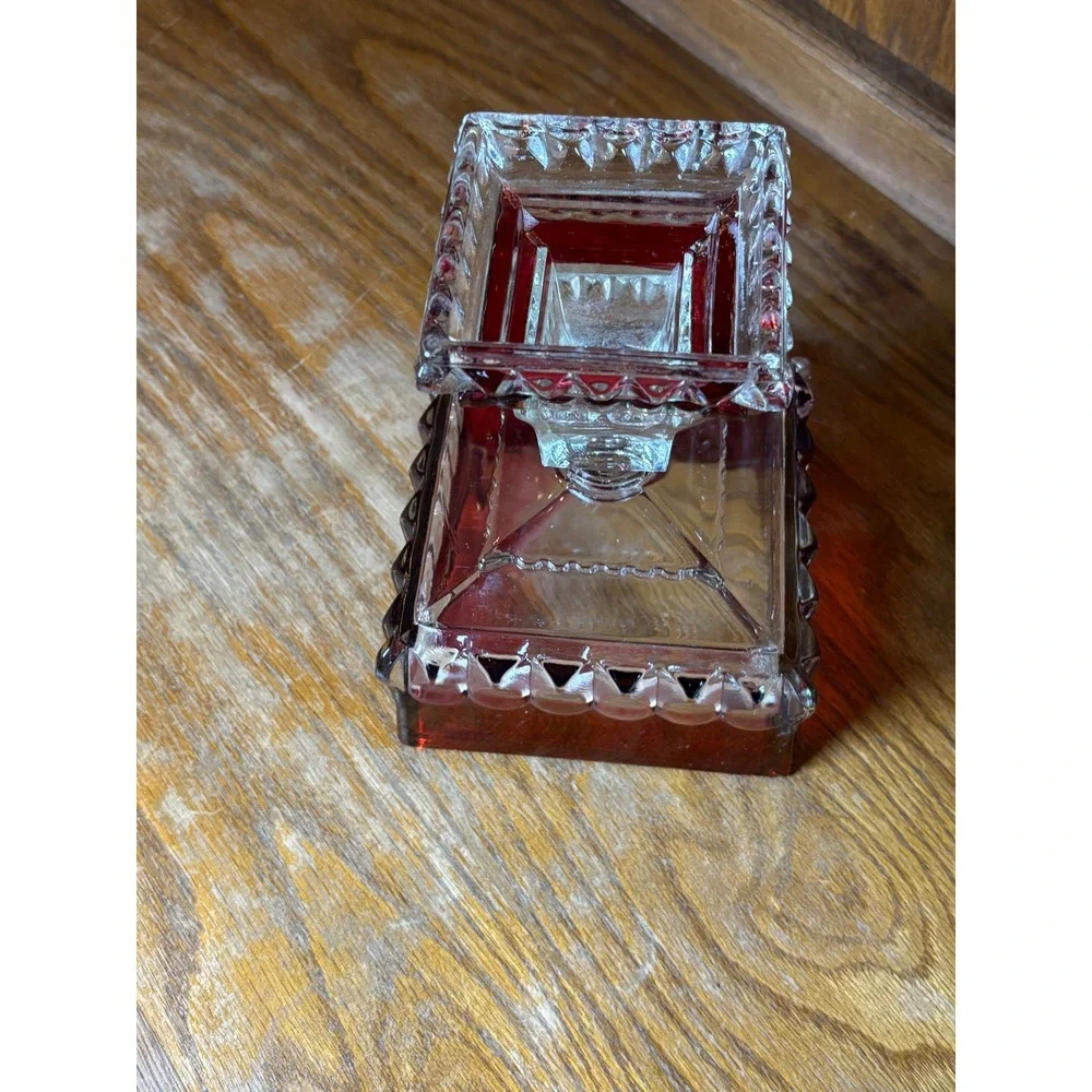 Vintage Smith Glass Ruby Red Clear Pedestal Candy Dish Lid Square Compote